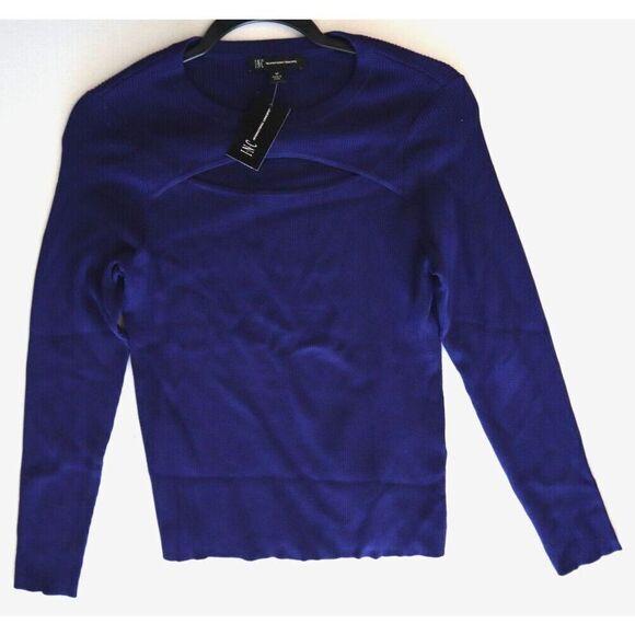 INC International Concepts Women's Sz M Blue Ribbed Cutout Crewneck Sweater - Picture 5 of 7